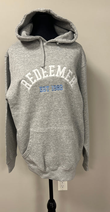 Athletic Grey Redeemer Hoodie (White and Light Blue Letters)